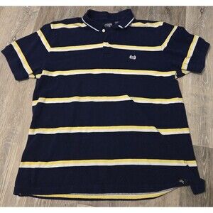 Chaps Men's Large L Striped Polo Shirt Navy Blue Yellow‎ White Cotton Casual